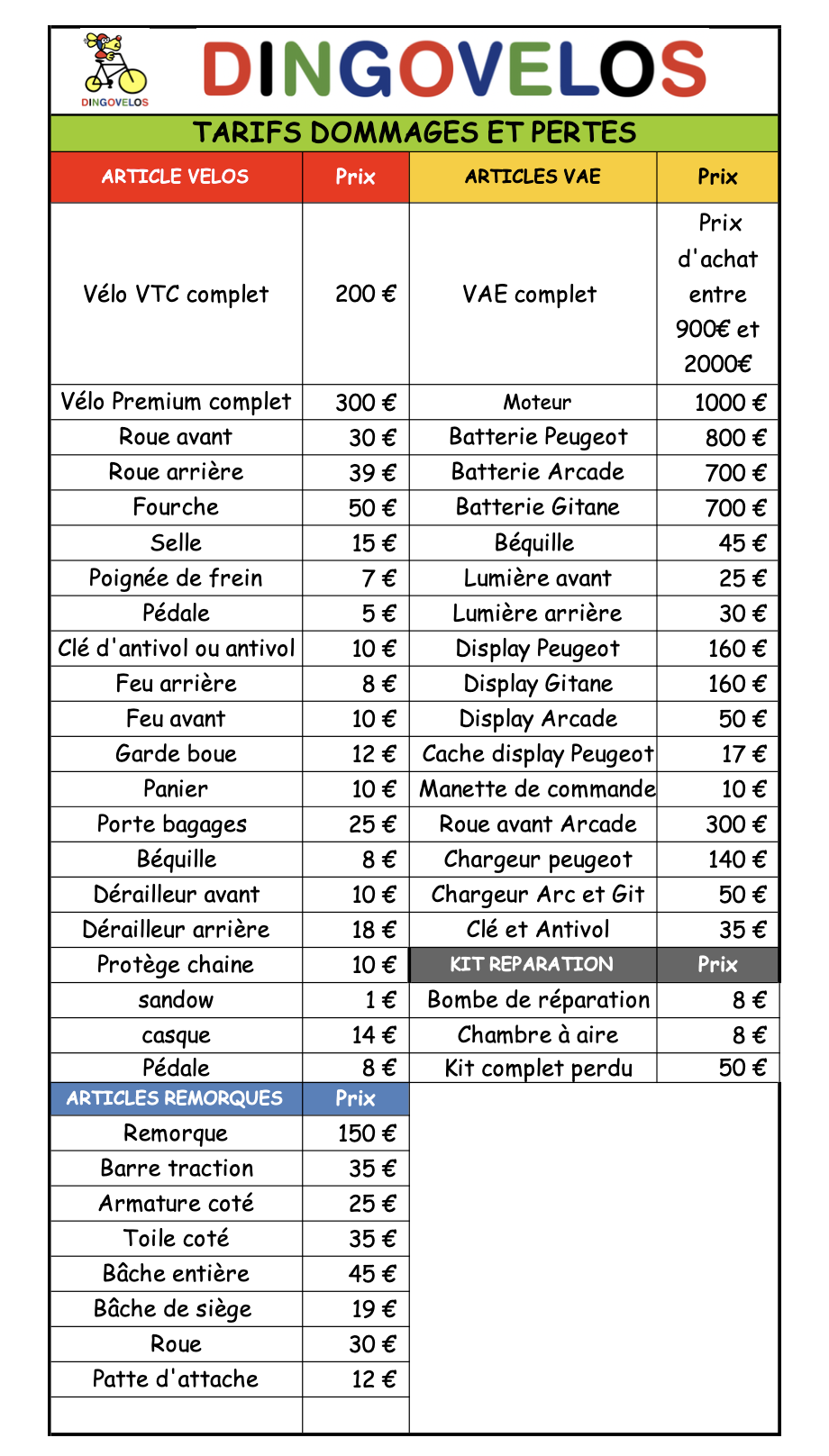 TARIFS DINGO 24 DOMMAGES ET PERTES 